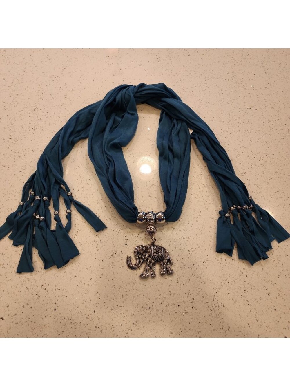 Colorful Gems Inlaid Elephant Pendant Fashion Scarf Necklace Silver Blue 64" L
